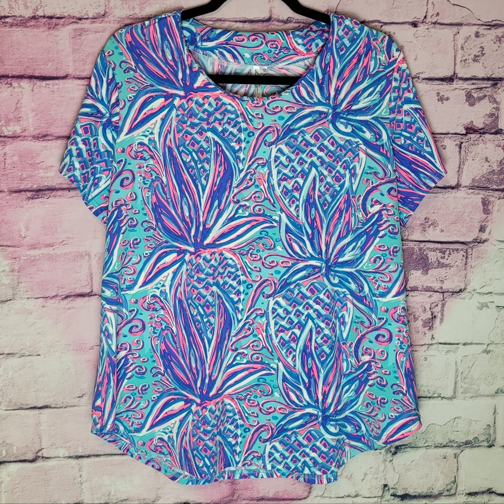 LULU B NEON BOLD COLORFUL ABSTRACT LARGE PINEAPPLE PRINT UPF 50 TEE XL